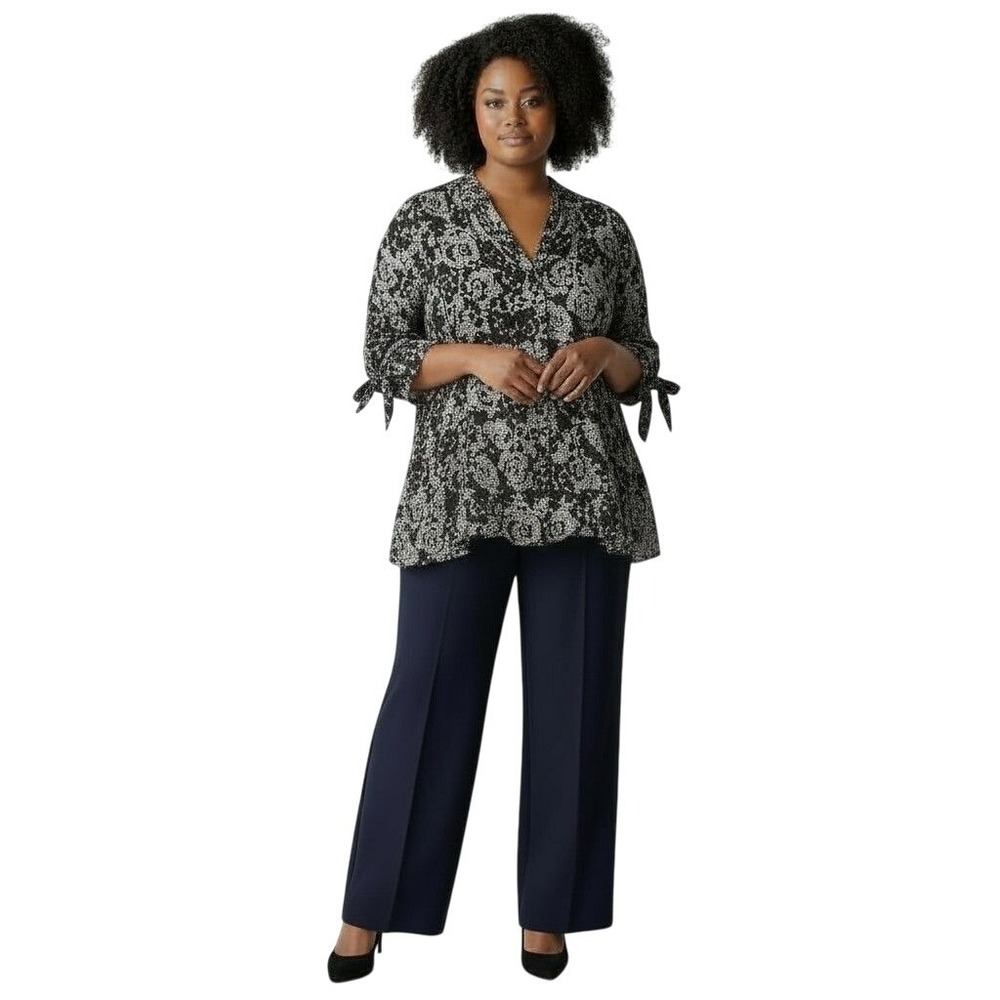 Catherines Floral Button Up Blouse Tie Sleeve B&W Office Workwear Size 3X 26/28W